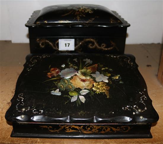 Victorian papier mache and mother of pearl sewing box and a similar writing slope(-)